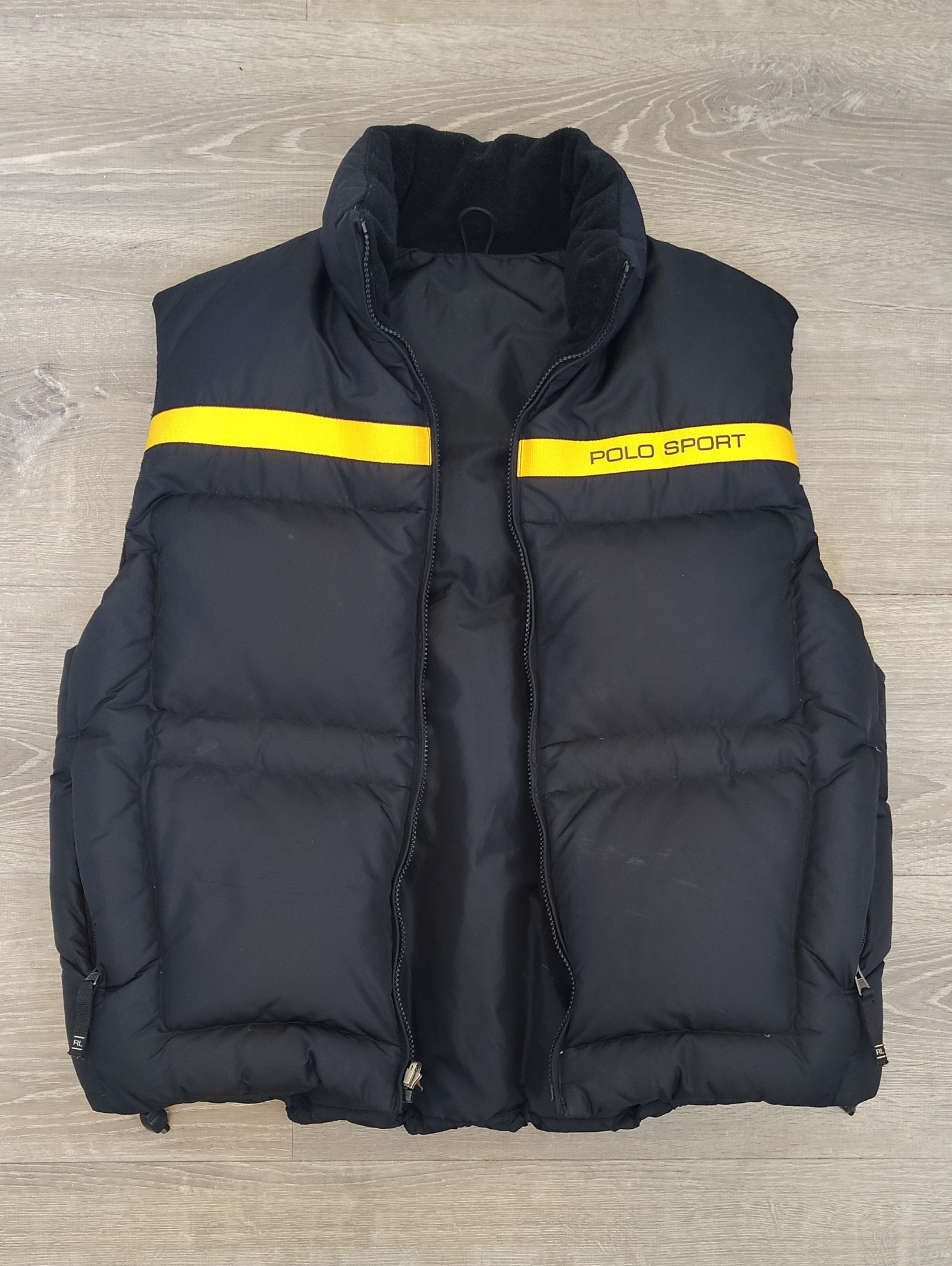 Polo Sport Ralph Lauren Vintage Black Reversible Down Vest With Yellow Stripe.